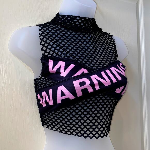 New XS Mesh Pink Warning Caution Tape Crop Top Punk Grunge Retro Neon Black - Picture 1 of 2